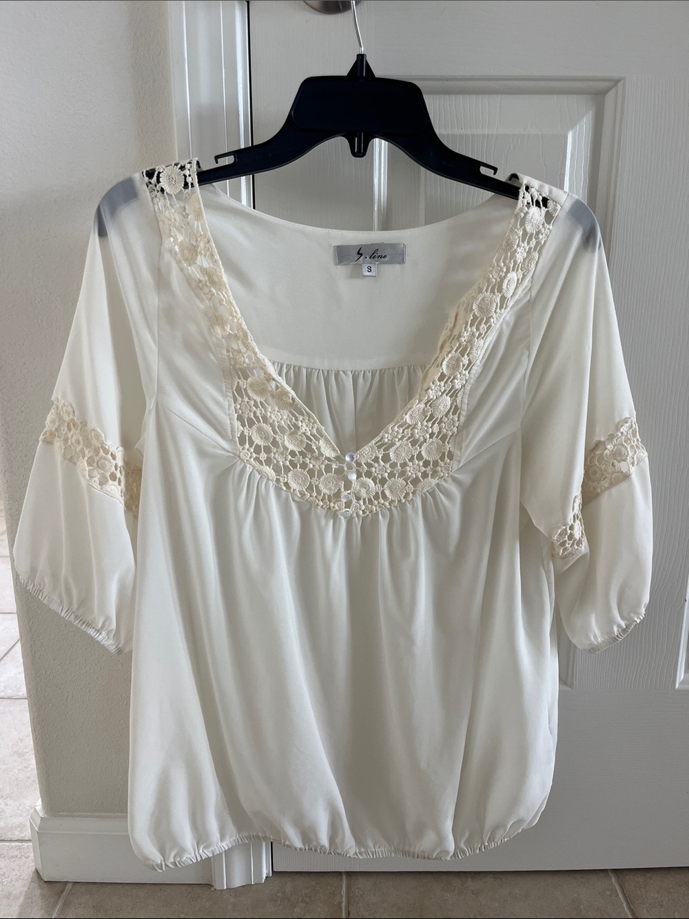 Cream Crochet-Trim Peasant Blouse